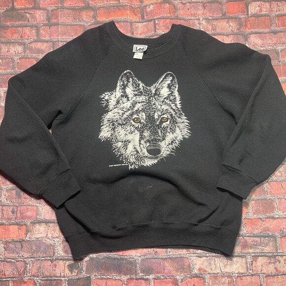Vintage 90s LEE Wolf Graphic Nature Crewneck Sweatshirt Large Black White 1990 - Picture 1 of 6